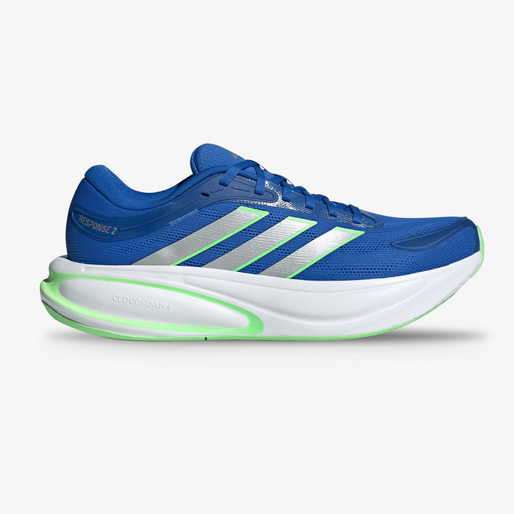 Tenis Adidas Response Runner 2 azul con detalles blanco y menta lateral izquierdo